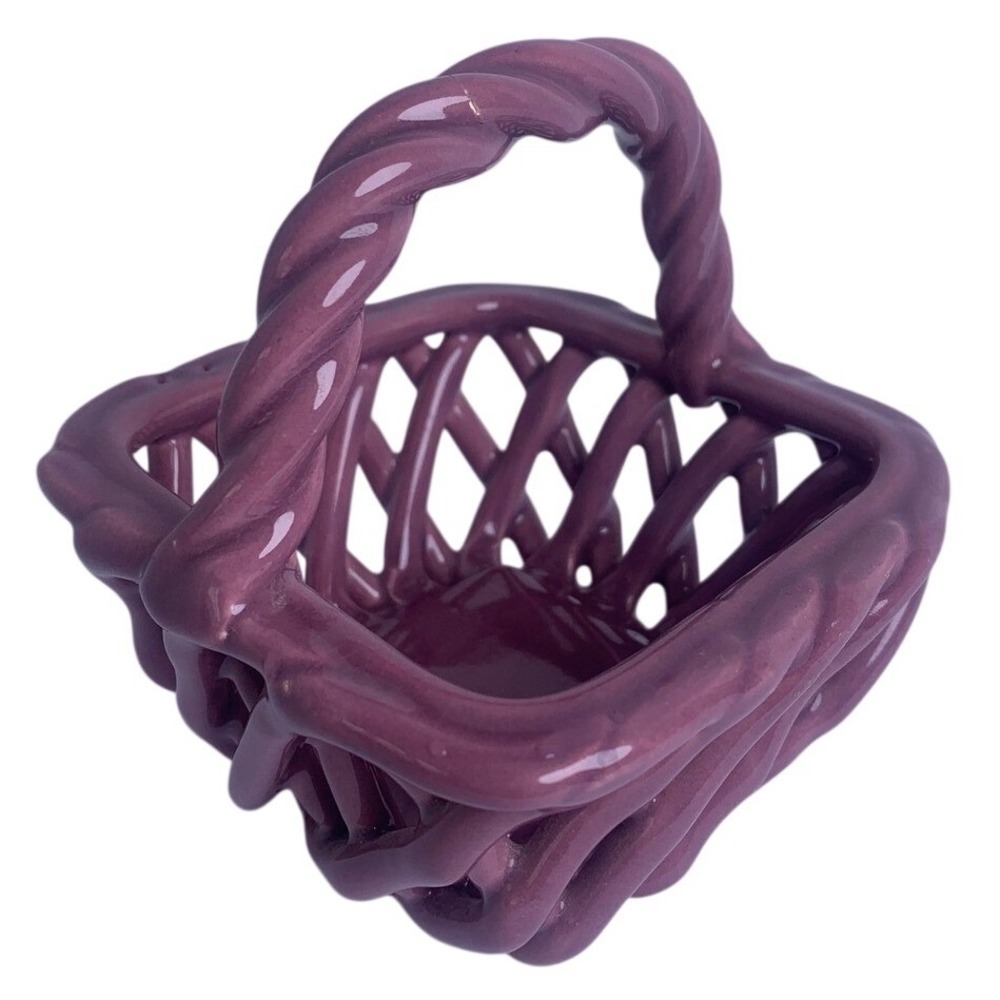 Vintage Mauve Ceramic Woven Lattice Basket Trinket Dish‎ Rope Cottage Retro
